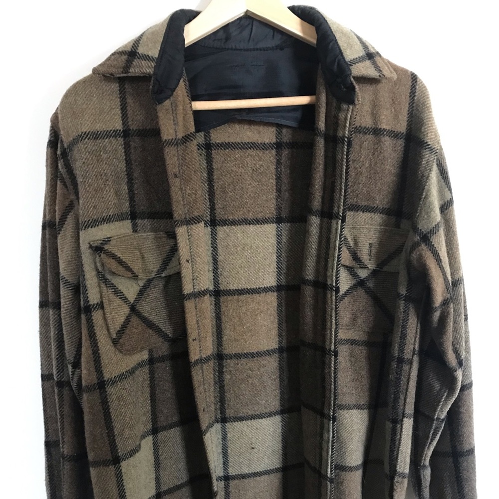 Brown and black plaid twill wool shirt. Vintage